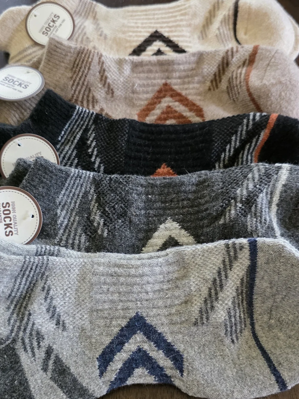 Men's Casual Crew Socks - Neutral Geo Pattern in Gray, Black, Beige, Cream.